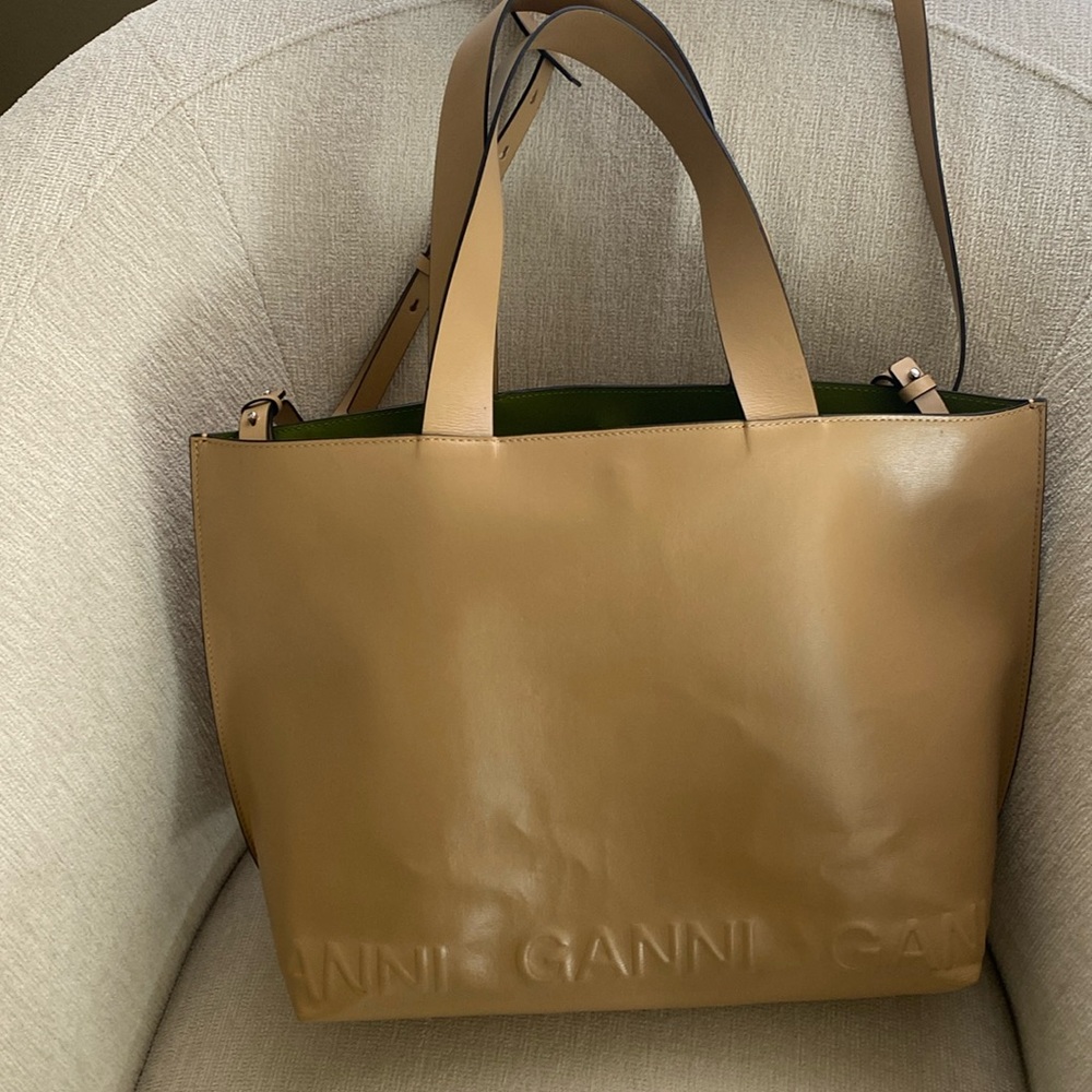 Ganni Structured Leather Tote in Tan